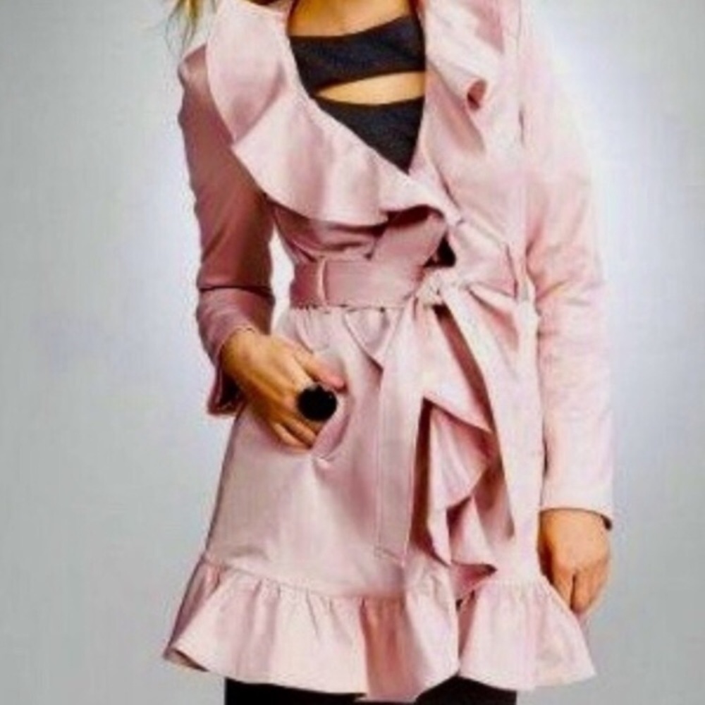 BEBE Soft Pink Ruffle Trench Coat- MEDIUM